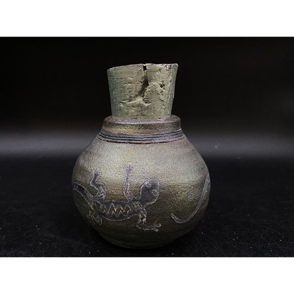 J. Diller Raku Southwestern Art Pottery Vase Jar Gecko Lizard Cork Stopper - Picture 6 of 9